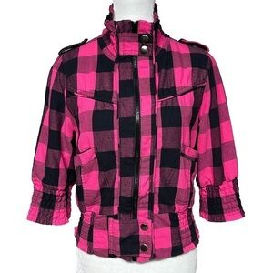 Deb Hot Pink Buffalo Plaid Cropped Smocked Waist Zip Jacket Y2K Style size Large